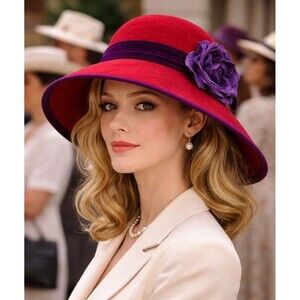 Scala Vintage Red Wool Wide Brim Hat Purple Trim Flower Church Derby Tea